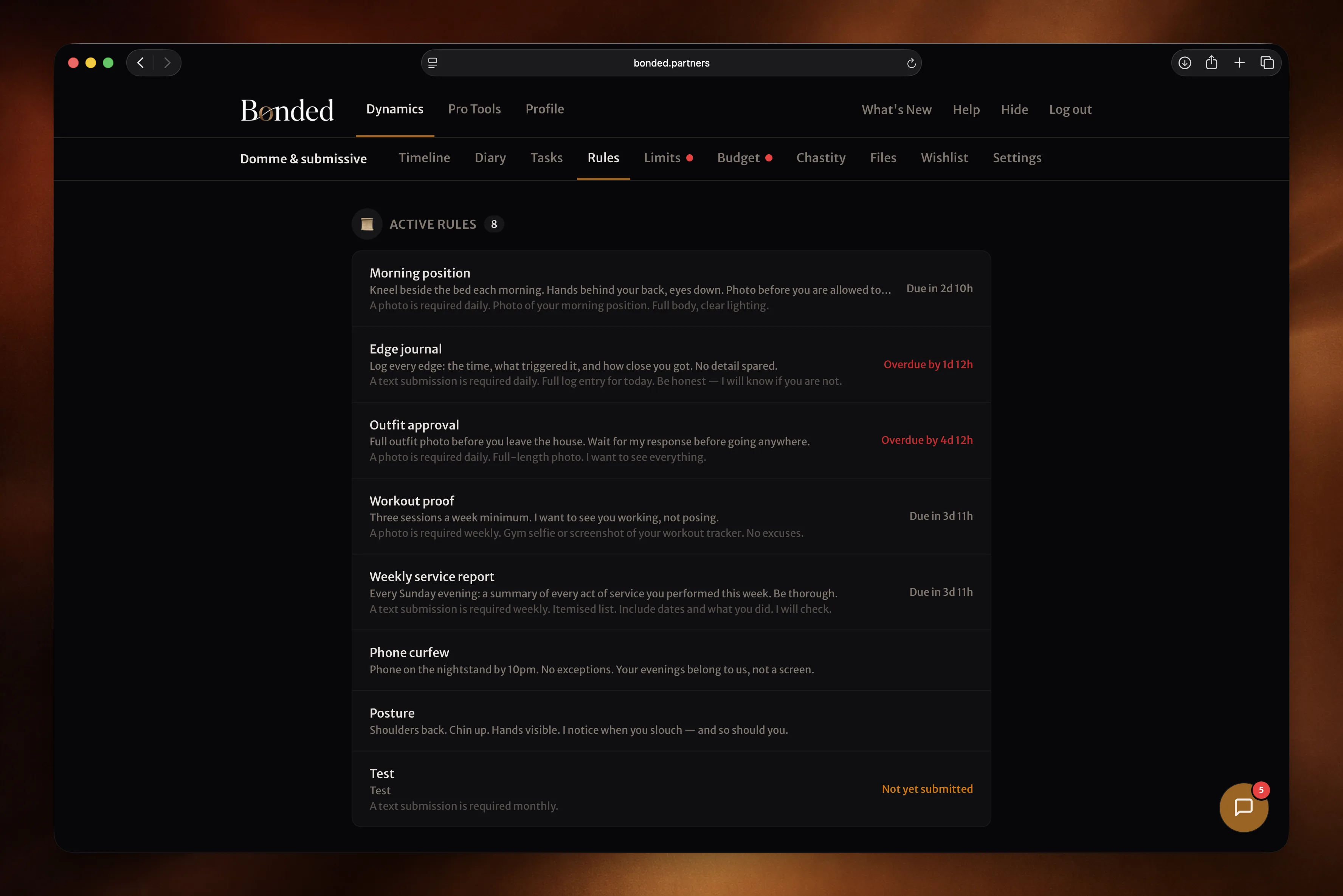 Rules list with evidence status indicators and due dates